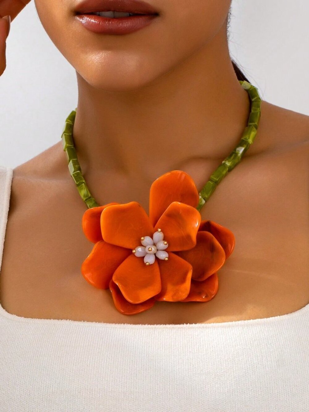 Orange Elegant Women's Exaggerated & Tie Dye Floral Beaded Pendant Necklace